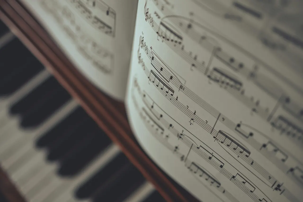 Open sheet music on a piano stand