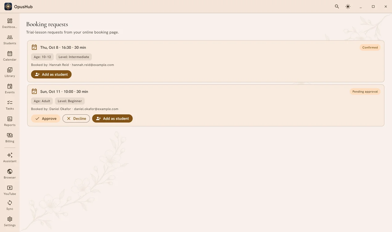 Booking requests inside OpusHub, with approve, decline, and add-as-student actions