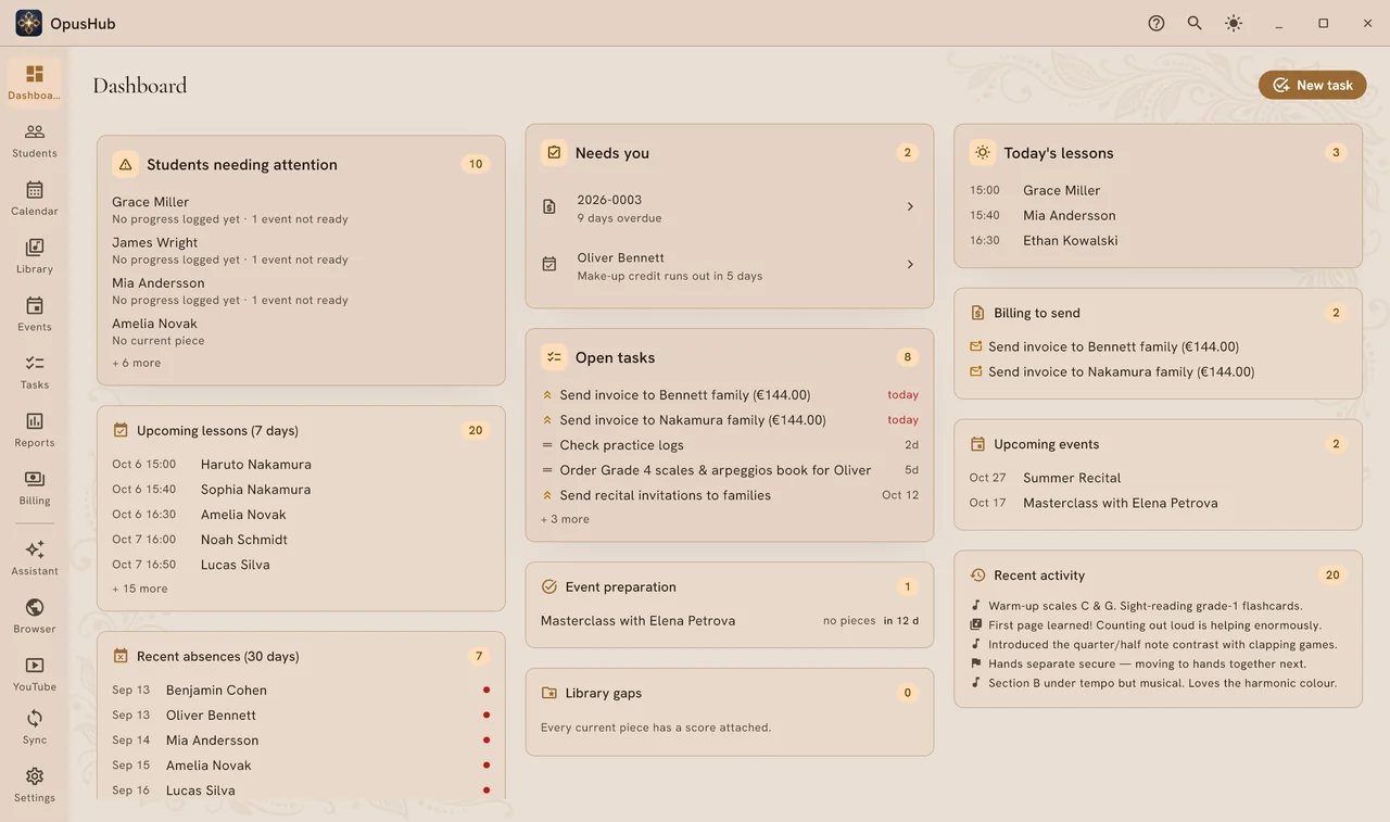 The OpusHub Studio dashboard, showing today's lessons and studio attention cards