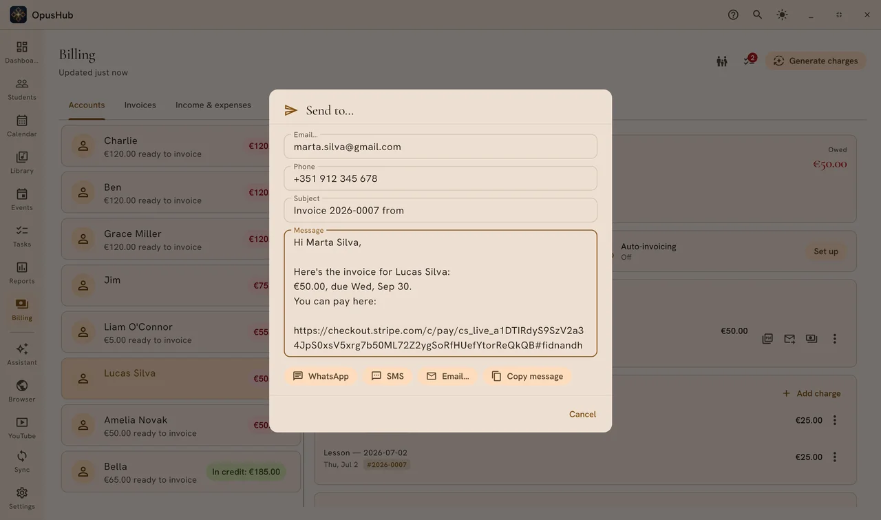 OpusHub payment-link dialog for sending an invoice payment link